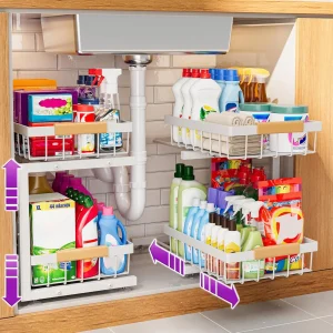 Under Sink Organizer Adjustable Height 11-15.75 Inches Metal 2 Tier Pull Out
