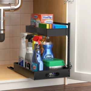 Sorbus Under Sink Organizer with Sliding Tracks, 2-Tier Pull Out Storage Racks