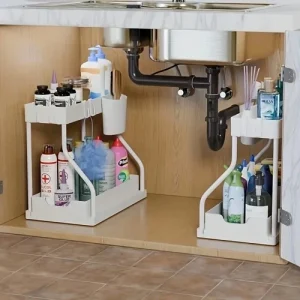 2 Tier Pull Out Under Sink Organizer Kitchen Bathroom Storage Rack Drawer UK