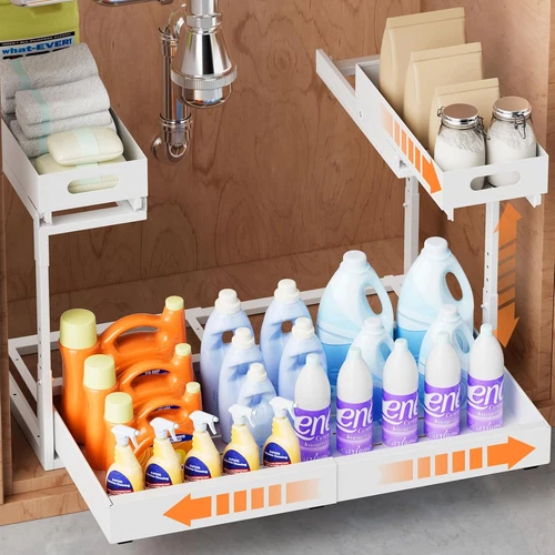 Expandable 2-Tier Under Sink Organizer with Adjustable Slide-Out Drawers