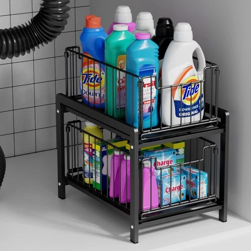 2 Tier Sliding Basket Drawer Organizer, Lxmons Pull Out Under Sink Black